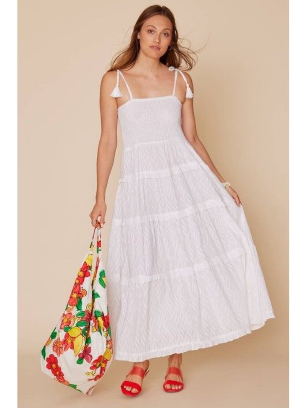 White Smocked Maxi Dress With Tassel Straps by Moda Posa Medium